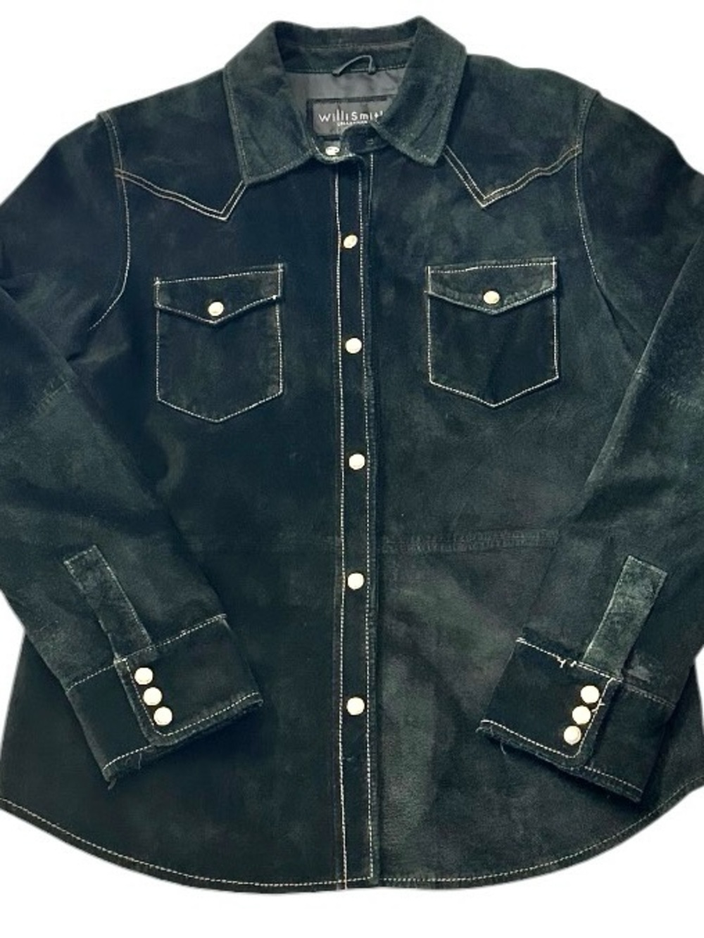 Vintage Willi Smith Black Distressed Leather Western Pearl Snap Cowgirl Shirt M - Picture 2 of 12